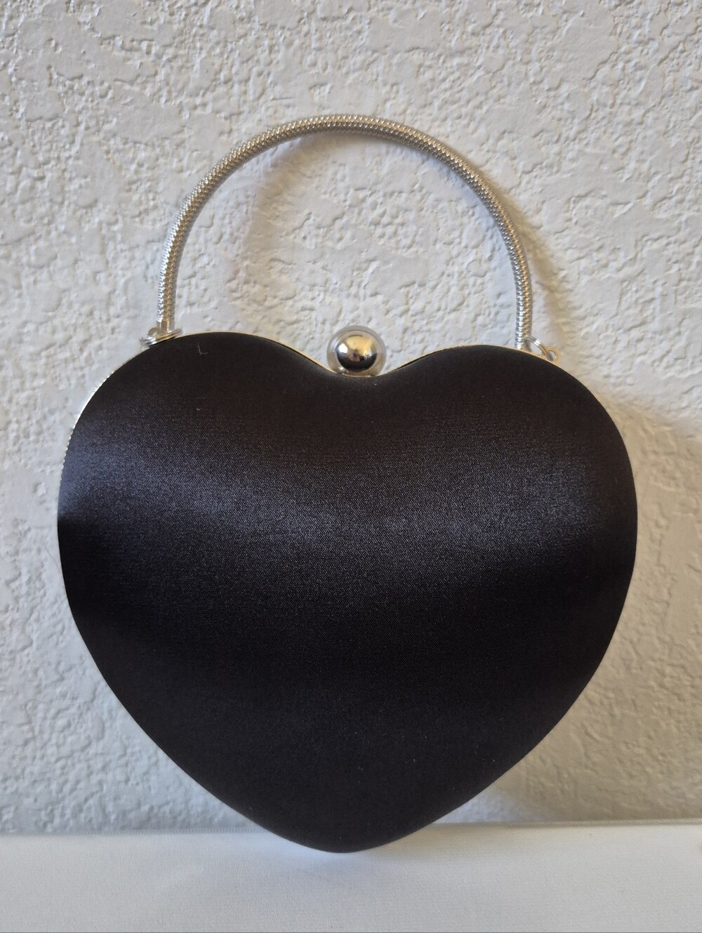 Black Heart-Shaped Satin Clutch/Crossbody with Silver Handle